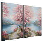Lámina modular sobre lienzo Cuadro que representa un sendero junto a un lago con flores rosas