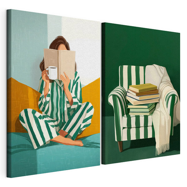 Lámina modular sobre lienzo Una mujer en pijama leyendo un libro y una pila de libros